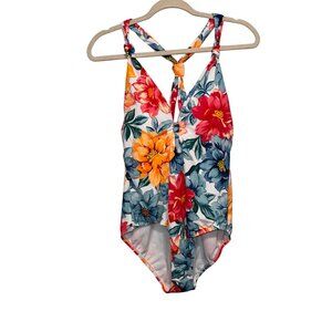 NWT Womens Floral One-Piece Swimsuit Knotted Back Design L 12-14 By Time& Tru